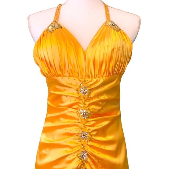 Beautiful May Queen Yellow Gold Prom/Evening Satin Dress - Picture 5 of 7